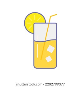 Orange Juice with lemonade slice, ice cubes and straw for drinks vacation icon. Cold Drink. Summer Cocktail with ice and lime. Mojito in glass. Vector illustration filled outline style. EPS10