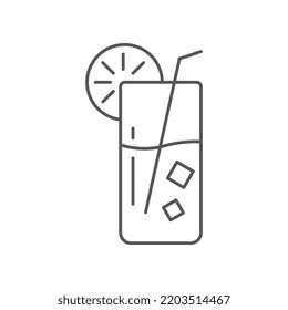 Orange Juice with lemonade slice, ice cubes and straw for drinks vacation icon. Cold Drink. Summer Cocktail with ice and lime. Mojito in glass. Vector illustration filled outline style. EPS10