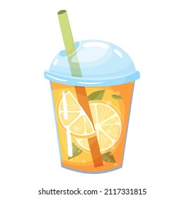 Orange juice or lemonade. Summer cocktail in a transparent glass with a straw. Beverages. Vector illustration isolated on white background.