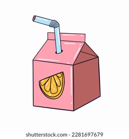 Orange juice in little pink box outline style vector art illustration.