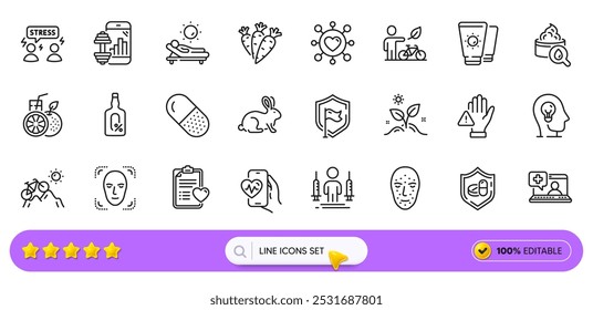 Suco de laranja, Lounger e ícones de linha de saúde mental para aplicação Web. Pacote de pílula de cápsula, injeções de coronavírus, ícones de pictograma de planta de crescimento. Stress difícil, bicicleta Eco, placas de escudo. Barra de pesquisa. Vetor