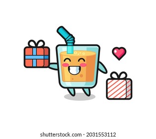 orange juice mascot cartoon giving the gift , cute style design for t shirt, sticker, logo element
