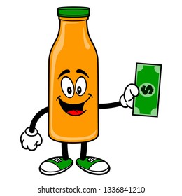 Orange Juice Mascot with a Dollar - A vector cartoon illustration of a Orange Juice Mascot holding a Dollar.