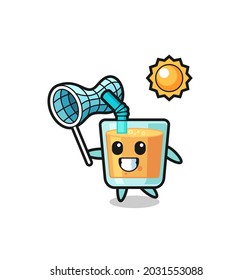 orange juice mascot illustration is catching butterfly , cute style design for t shirt, sticker, logo element