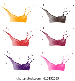 Orange juice, milk and chocolate splashes on a transparent background. 3d vector illustration isolated on white. Spray paint. Splashes of color water. Stains and drops.