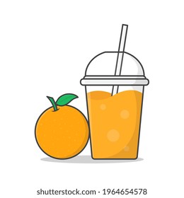 Orange Juice Or Milkshake In Takeaway Plastic Cup Vector Icon Illustration. Cold Drinks In Plastic Cups With Ice Flat Icon