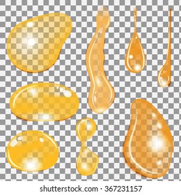 Orange juice or oil or honey drops set different forms and  tints on transparent background, vector