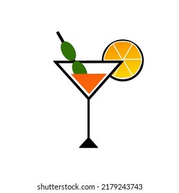 Orange Juice with Olives and Orange Slice in a Cocktail Glass Icon Vector Design Illustration. Suitable for Material Designing.