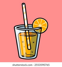 orange juice on the glass isolated colored drawing line art style sketch classic vintage design illustration