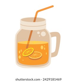 Orange juice on jar with straw, orange mocktail vector illustration