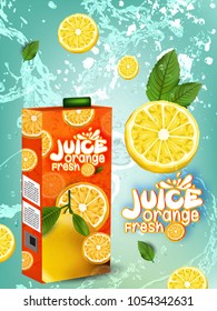 Orange juice package design, juice bottle with label and fresh orange 
isolated on yellow-reddish background 
