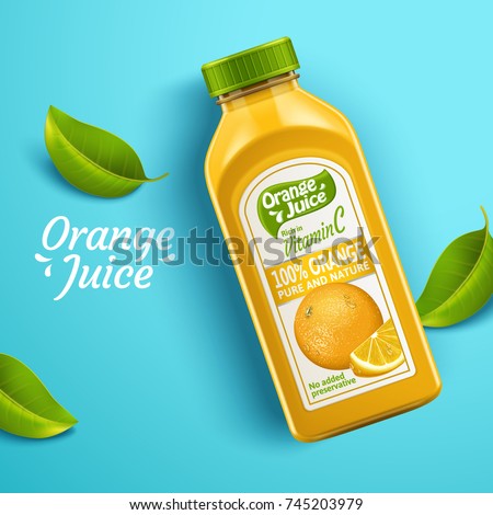 Orange juice package design, top view of juice bottle with label and green leaves isolated on blue background in 3d illustration