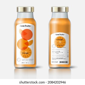 Orange juice packaging. Beautiful transparency whole and cut fruits. Bottle template with face and back labels. 