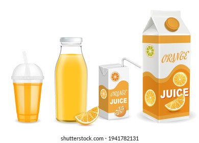 Orange juice packaging container mockup set, vector illustration isolated on white background. Glass bottle, plastic cup with straw, carton pack templates.