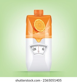 Orange juice packaging with a weight scale. Diet concept. Vector.

