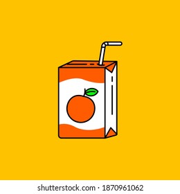 Zumo de naranja con la ilustración vectorial de empaquetado de caja de papel aislado en el fondo naranja. Estilo de color lineal del icono del jugo de naranja