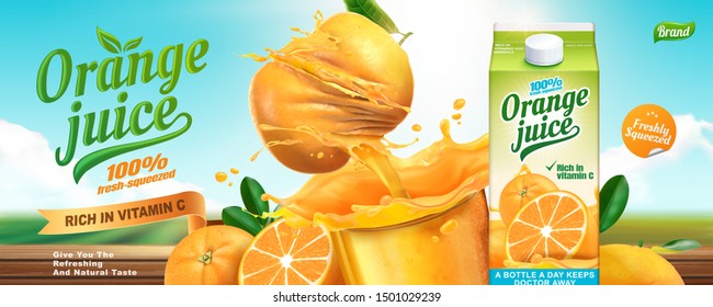 Orange juice in paper carton with fruit squeezing fresh beverage on blue sky background, 3d illustration