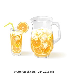 orange juice with orange pieces in a glass jug and glass on a white background