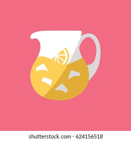 Orange juice in pitcher icon isolated, jug or Ewer symbol with Orange slice & Ice cubes vector flat design style pink background