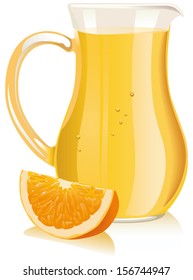 Orange juice in pitcher and orange slice. Vector illustration