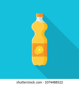 Orange Juice in plastic bottle flat icon with long shadow isolated on blue background. Simple fruit juice in flat style, vector illustration.