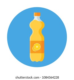 Orange Juice in plastic bottle flat icon isolated on blue background. Simple fruit juice in flat style, vector illustration.