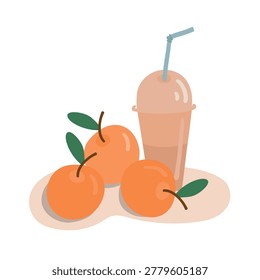 Orange juice in plastic cup with fresh orange fruits. Natural drink for refreshment and nutrition, flat lay style.