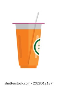 Orange juice in plastic cup. Simple flat illustration