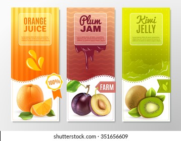 Orange juice plum jam and kiwi jelly 3 vertical colorful advertisement banners set abstract isolated vector illustration