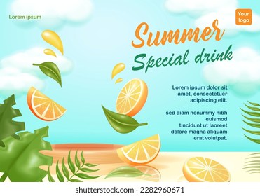 Orange juice podium, 3d vector oranges and summer tropical leaves