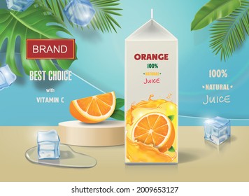 Orange juice poster with ice cubes and orange fruit slice on podium