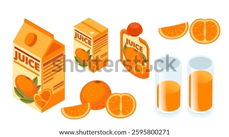 Orange juice product collection. Set of juice boxes and bottles with fresh oranges. Assorted orange, fresh drink in glass. Bottle with label. Vector illustration isolated. Isometric view.