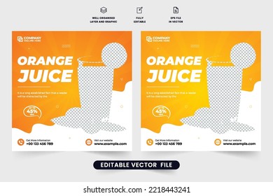 Orange juice promotional web banner design for restaurants and cafes. Beverage sale template vector for social media marketing. Orange juice sale discount template design with abstract shapes.