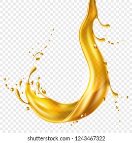 Orange juice realistic splash. Apple, orange juice motion flow on transparent background. Healthy drink full of vitamins for product packaging design. Paint explosion, vector illustration