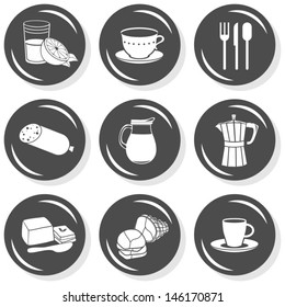 orange juice sausage ham butter coffee milk cups cutlery monochrome isolated gray flat icon set with light shadow on white background 