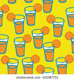 orange juice seamless pattern on yellow