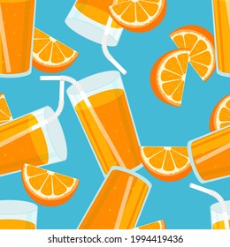 Orange juice seamless pattern. Summer banner concept. Blue background. Vector illustration.