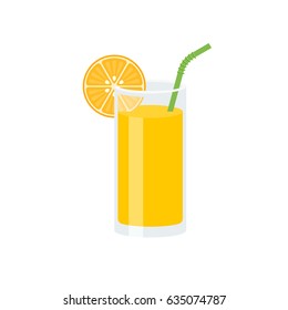 Orange juice with slice of orange and green straw, flat design vector