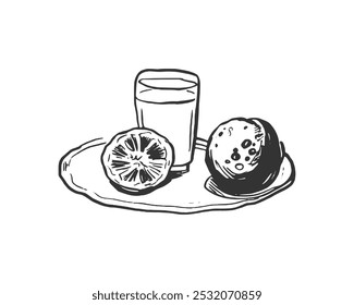 Orange Juice and Slice. A hand-drawn sketch of a glass of orange juice and a slice of orange on a plate. Perfect for healthy food, breakfast, and summer concepts. Black and white illustration.