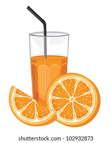 orange juice and slice isolated on white
