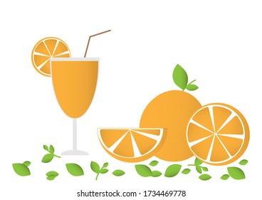orange juice and slice of orange on isolate white background, fruit juice