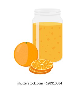 Orange juice, orange and slices. Cartoon flat style. Vegetarian fresh raw food.