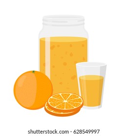 Orange juice, orange and slices. Cartoon flat style. Vegetarian fresh raw food.
