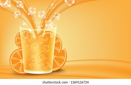 Orange juice with slices and ice floating in the air and liquid. Vector illustration.