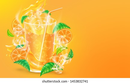 Orange juice with slices and ice floating in the air and leaf. Vector illustration.