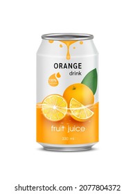 Orange juice soft drink in aluminum can and design of orange fruit yellow packaging mock up.  Isolated on a white background. Realistic vector EPS10 illustration.