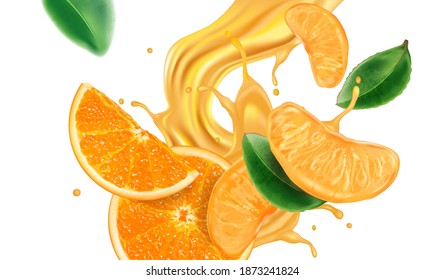 Orange juice soft drink with Orange slice of pieces in the middle on solid color background. Realistic vector in 3D illustration.