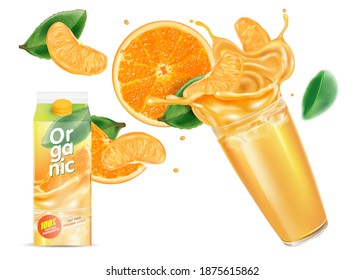 Orange juice soft drink splashing with Orange slice of pieces and Packaging mock up in the middle on white background. Realistic vector in 3D illustration.