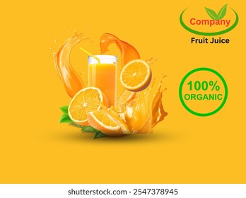 Orange juice soft drink splashing with Orange slice of pieces and Packaging mock up in the middle on orange background. Realistic vector in 3D illustration.