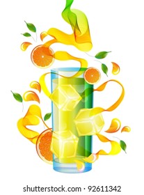 Orange juice with splash, abstract wave and leaves over white, vector, EPS10